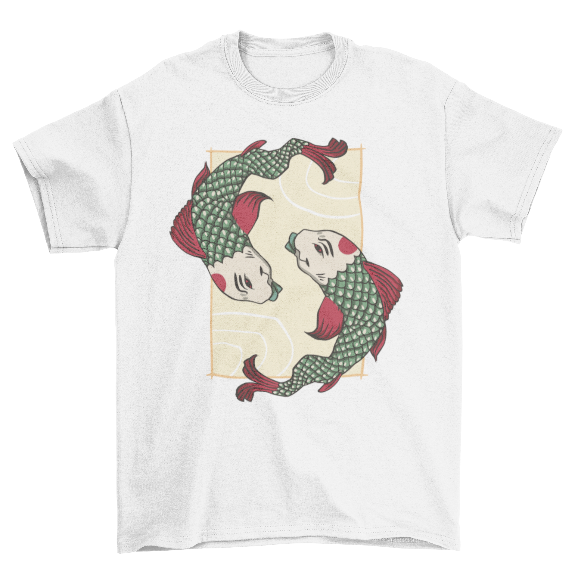 Japanese style t-shirt featuring two koi fish design, showcasing vibrant colors and intricate details.