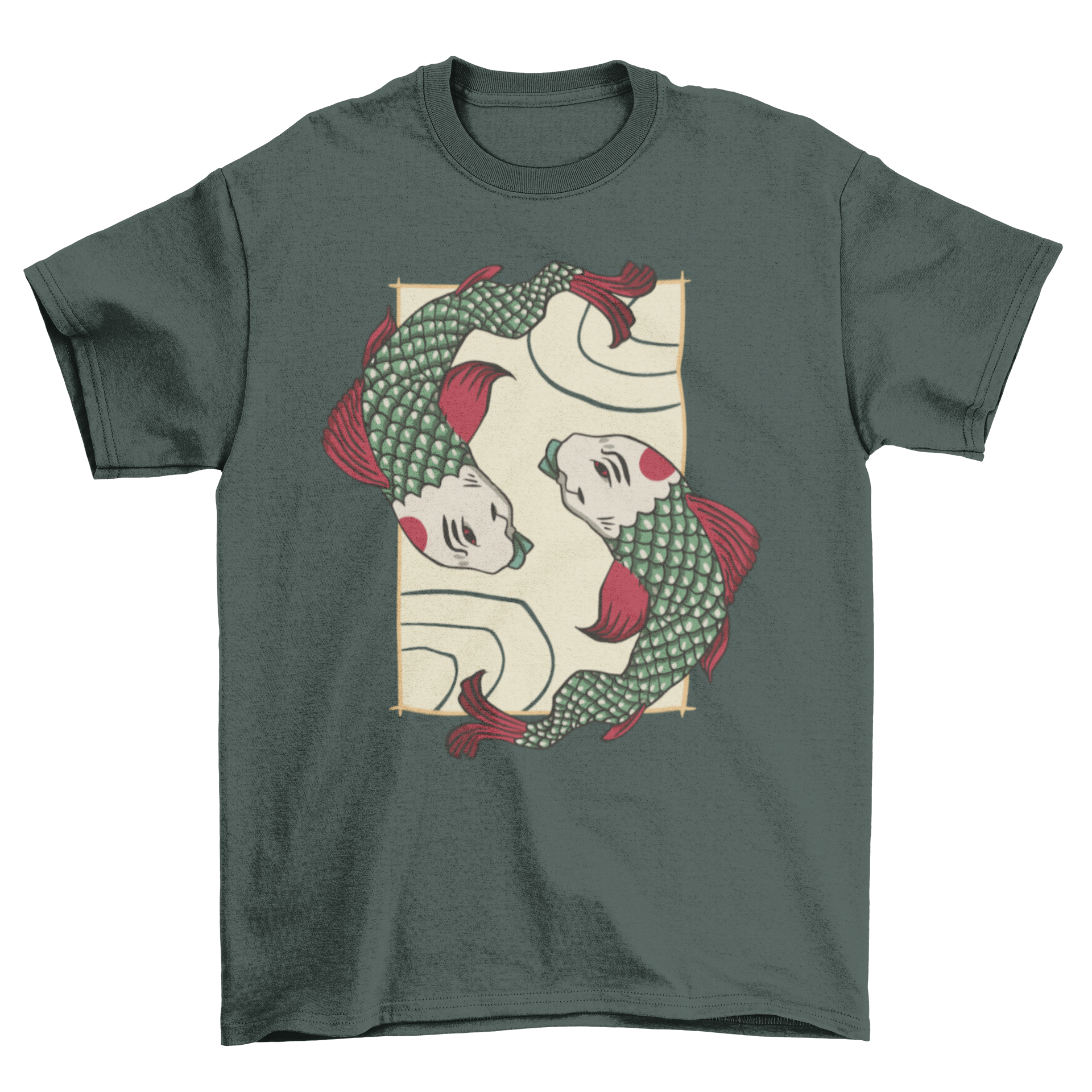 Japanese style t-shirt featuring two koi fish design, showcasing vibrant colors and intricate details.