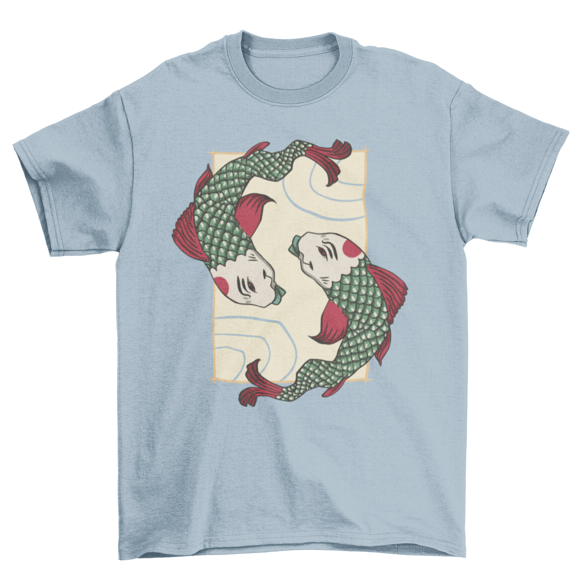 Japanese style t-shirt featuring two koi fish design, showcasing vibrant colors and intricate details.