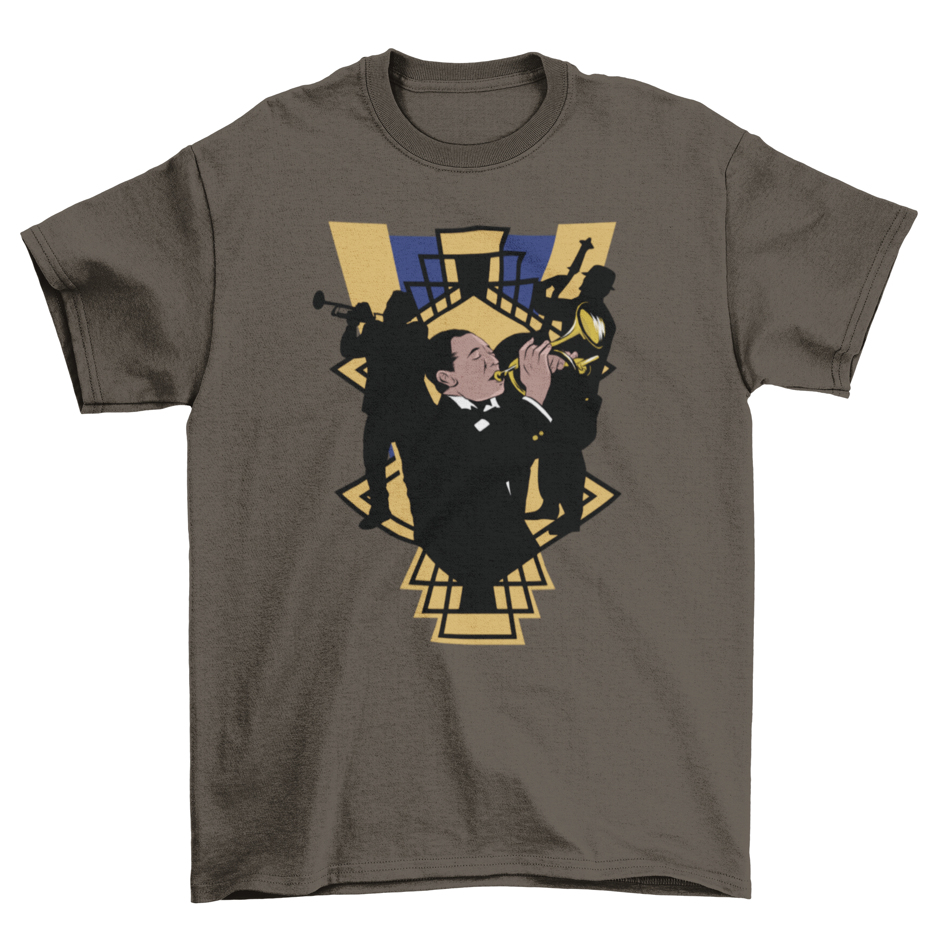 Jazz Band T-Shirt featuring saxophone graphics and geometric gold Gatsby-inspired elements in a stylish twenties design.