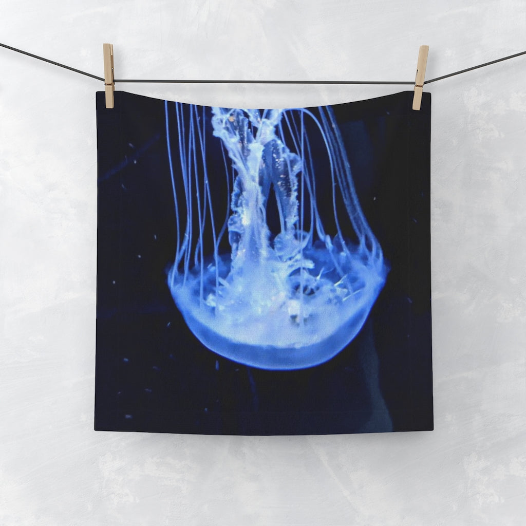 A colorful Jellyfish Face Towel featuring a customizable polyester front and soft cotton back, perfect for personalizing your bathroom.