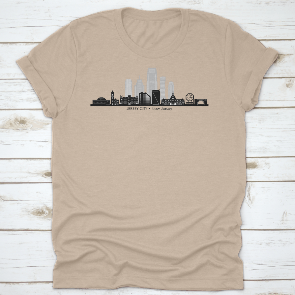 Jersey City Skyline Silhouette Shirt showcasing a stylish design with a skyline print, made from soft cotton fabric.