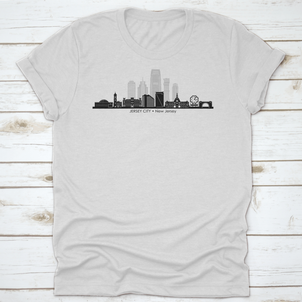 Jersey City Skyline Silhouette Shirt showcasing a stylish design with a skyline print, made from soft cotton fabric.