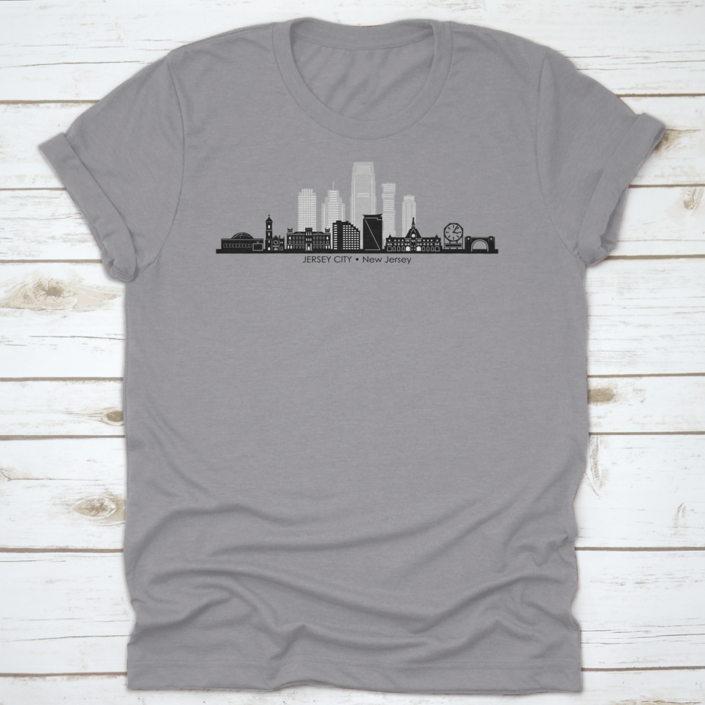 Jersey City Skyline Silhouette Shirt showcasing a stylish design with a skyline print, made from soft cotton fabric.