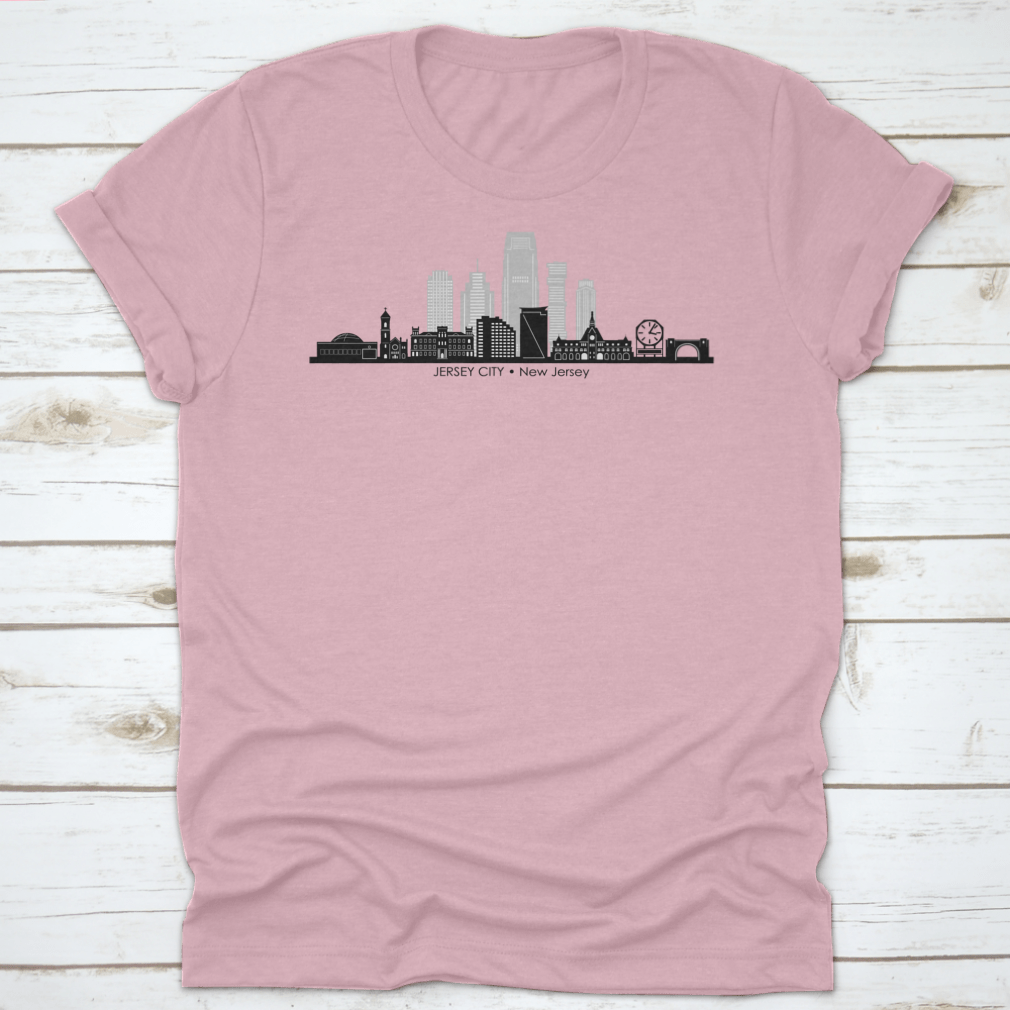 Jersey City Skyline Silhouette Shirt showcasing a stylish design with a skyline print, made from soft cotton fabric.