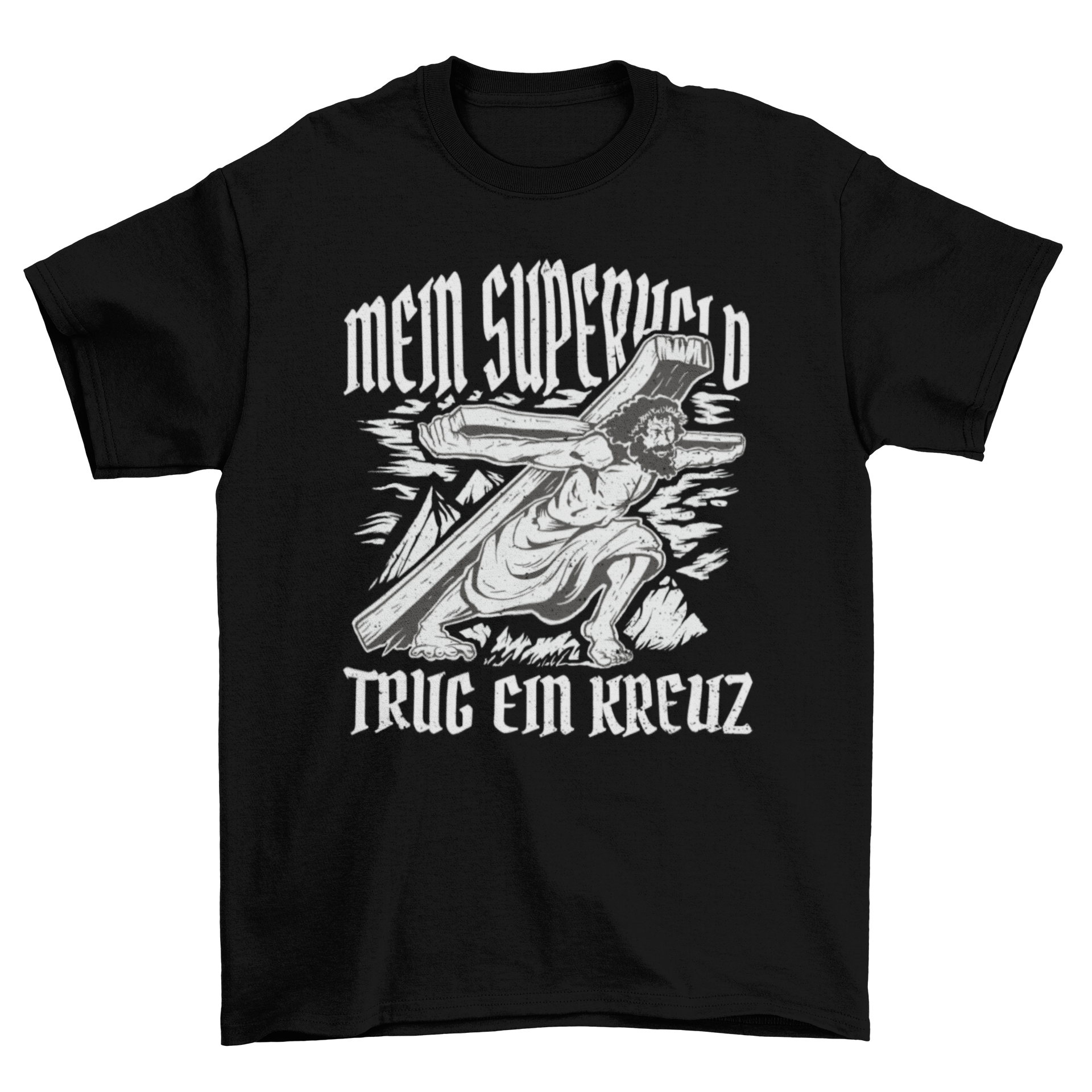 A religious t-shirt featuring Jesus carrying a heavy cross with a German quote that translates to 'My superhero carried a cross'.