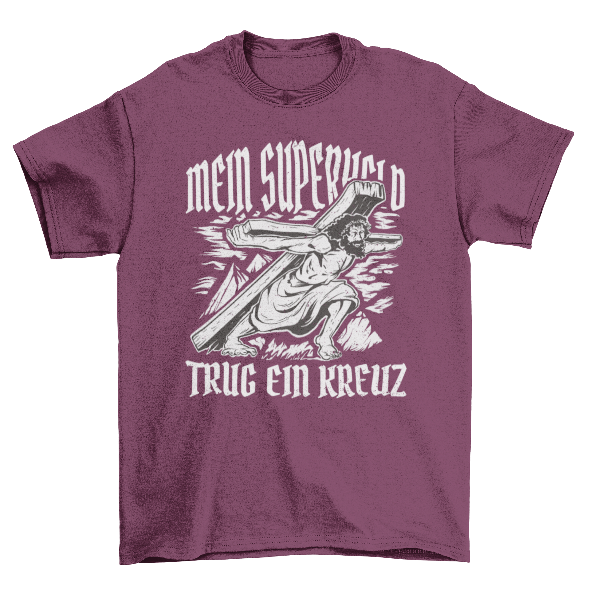 A religious t-shirt featuring Jesus carrying a heavy cross with a German quote that translates to 'My superhero carried a cross'.