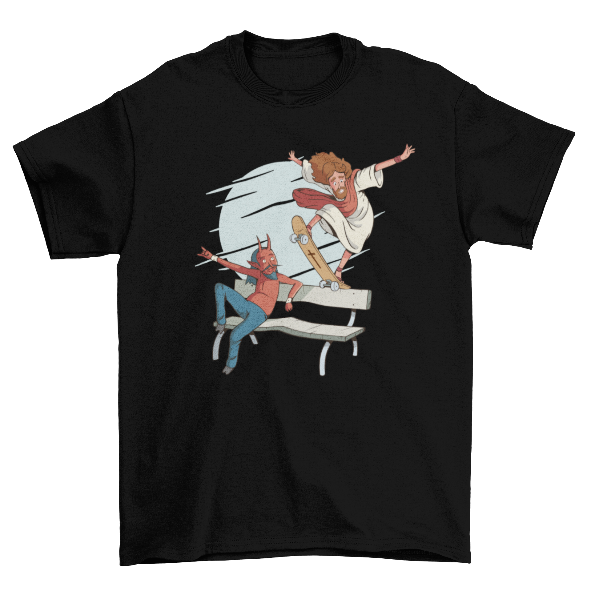 A vibrant t-shirt featuring Jesus skateboarding on a bench, performing a bluntslide, with the Devil sitting beside him.