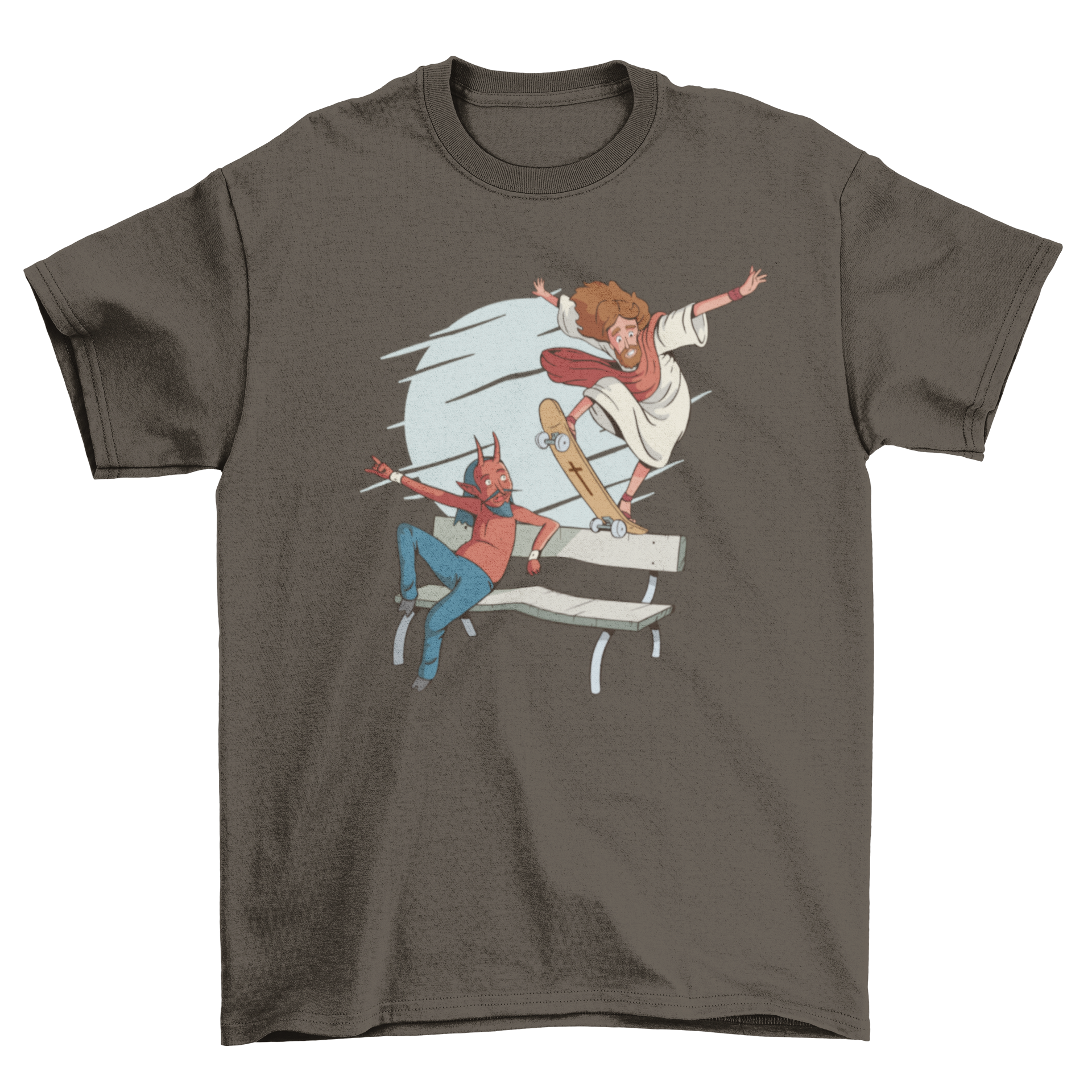 A vibrant t-shirt featuring Jesus skateboarding on a bench, performing a bluntslide, with the Devil sitting beside him.