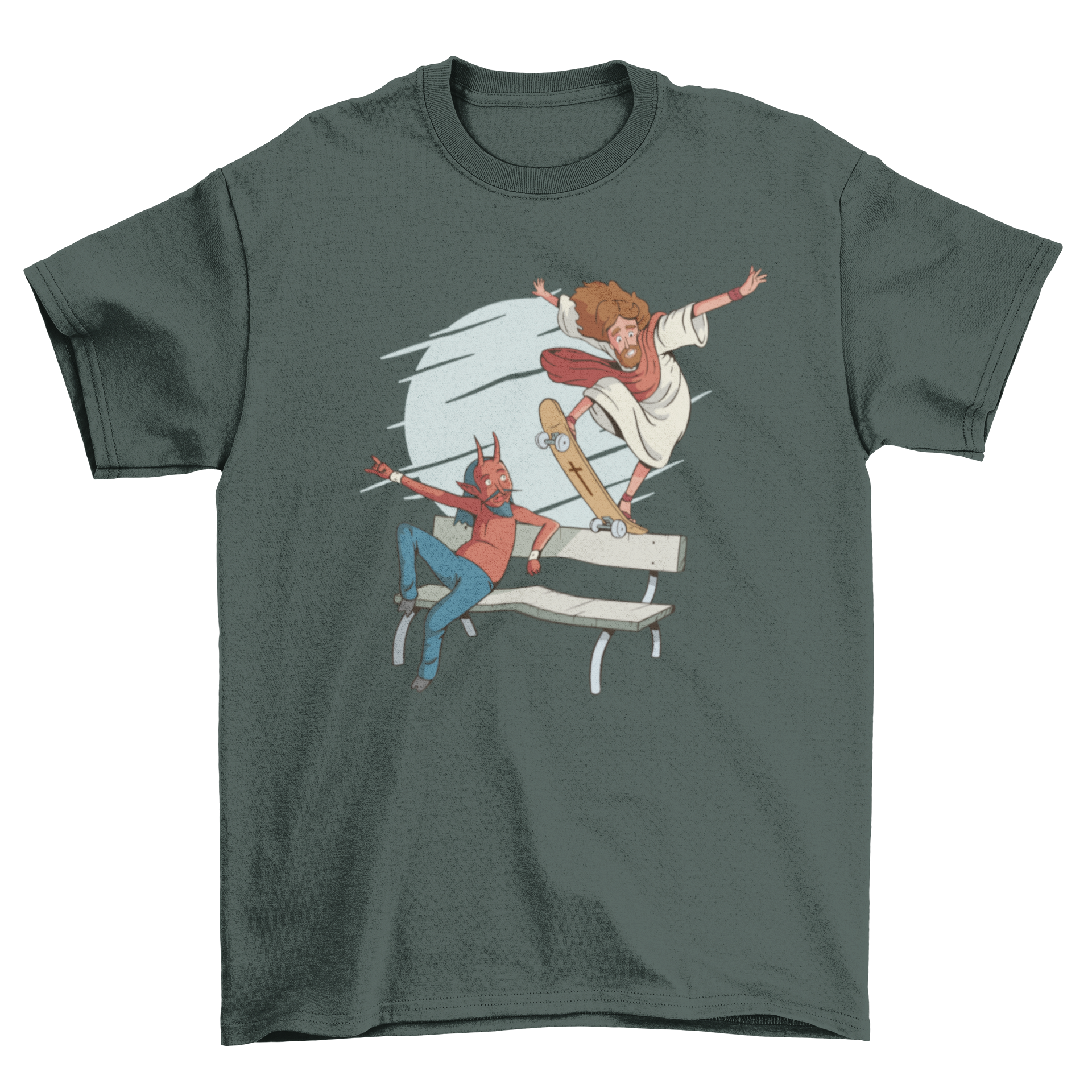 A vibrant t-shirt featuring Jesus skateboarding on a bench, performing a bluntslide, with the Devil sitting beside him.
