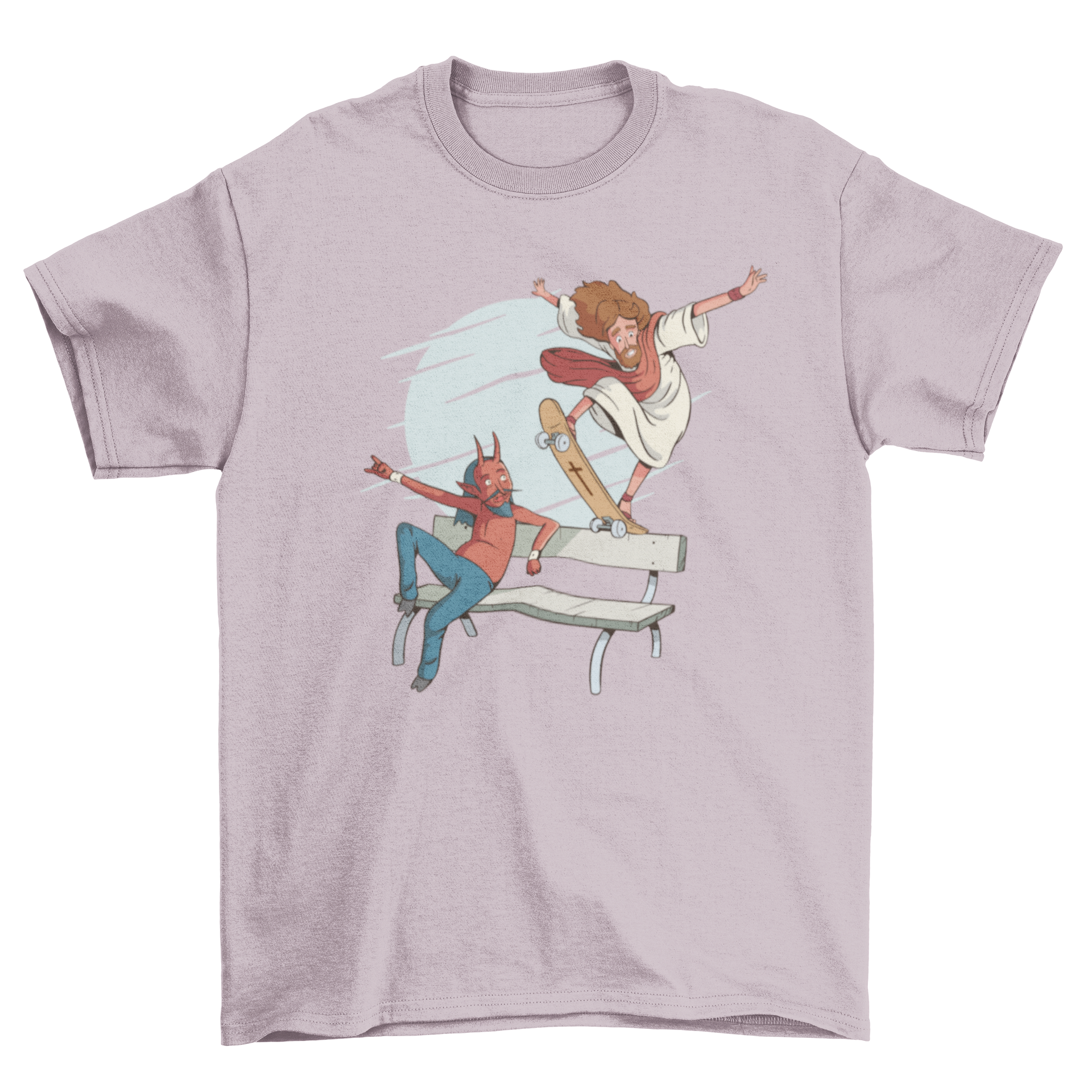 A vibrant t-shirt featuring Jesus skateboarding on a bench, performing a bluntslide, with the Devil sitting beside him.