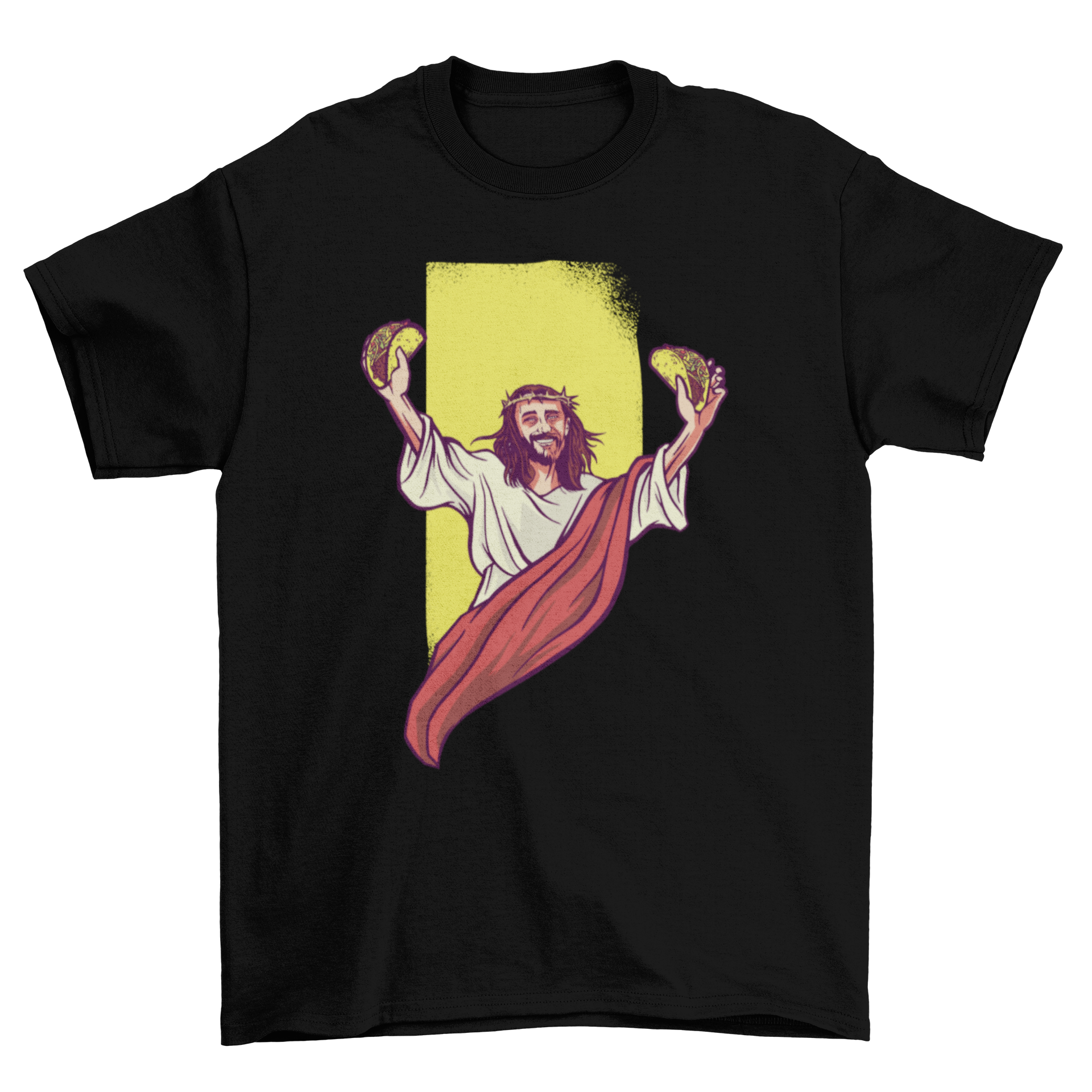 A humorous t-shirt featuring an illustration of Jesus joyfully holding two tacos, perfect for taco lovers.