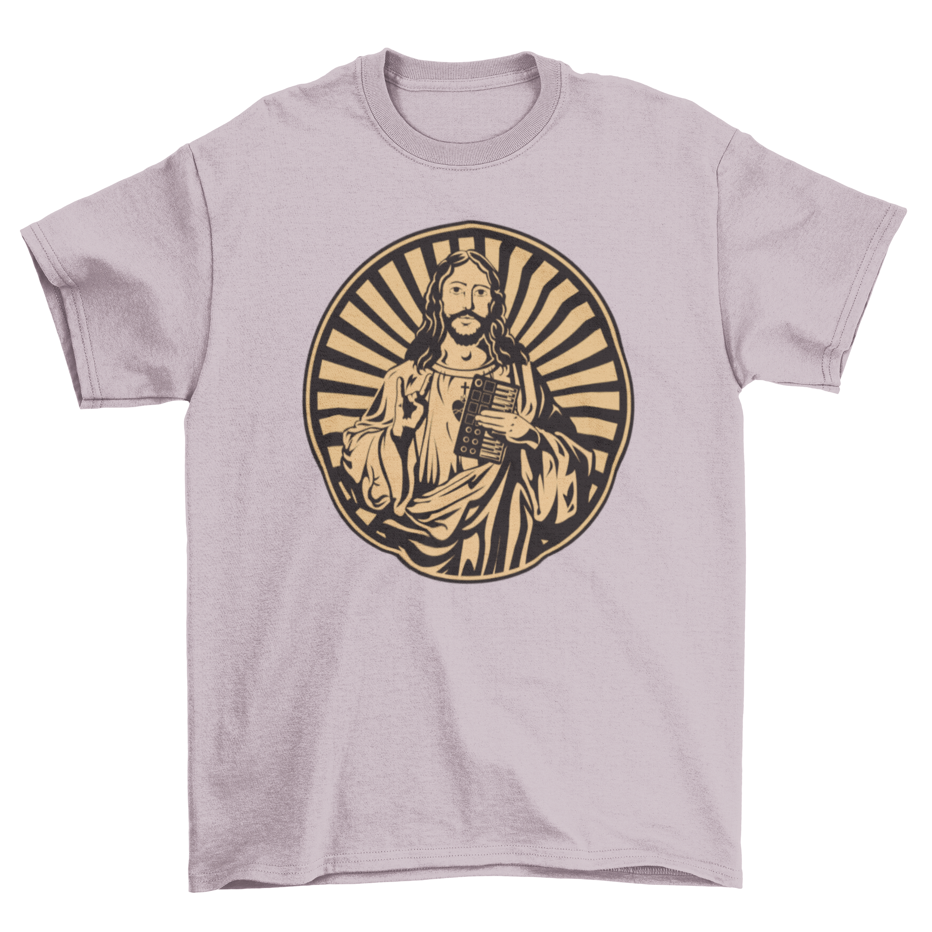 A stylish t-shirt featuring a graphic of Jesus Christ holding a synthesizer, blending faith and music.
