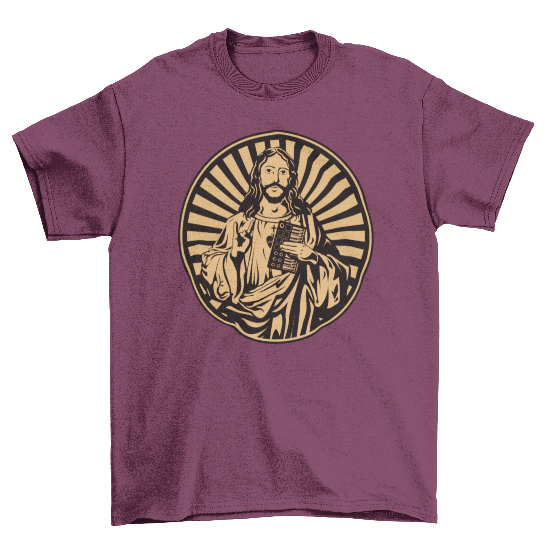 A stylish t-shirt featuring a graphic of Jesus Christ holding a synthesizer, blending faith and music.