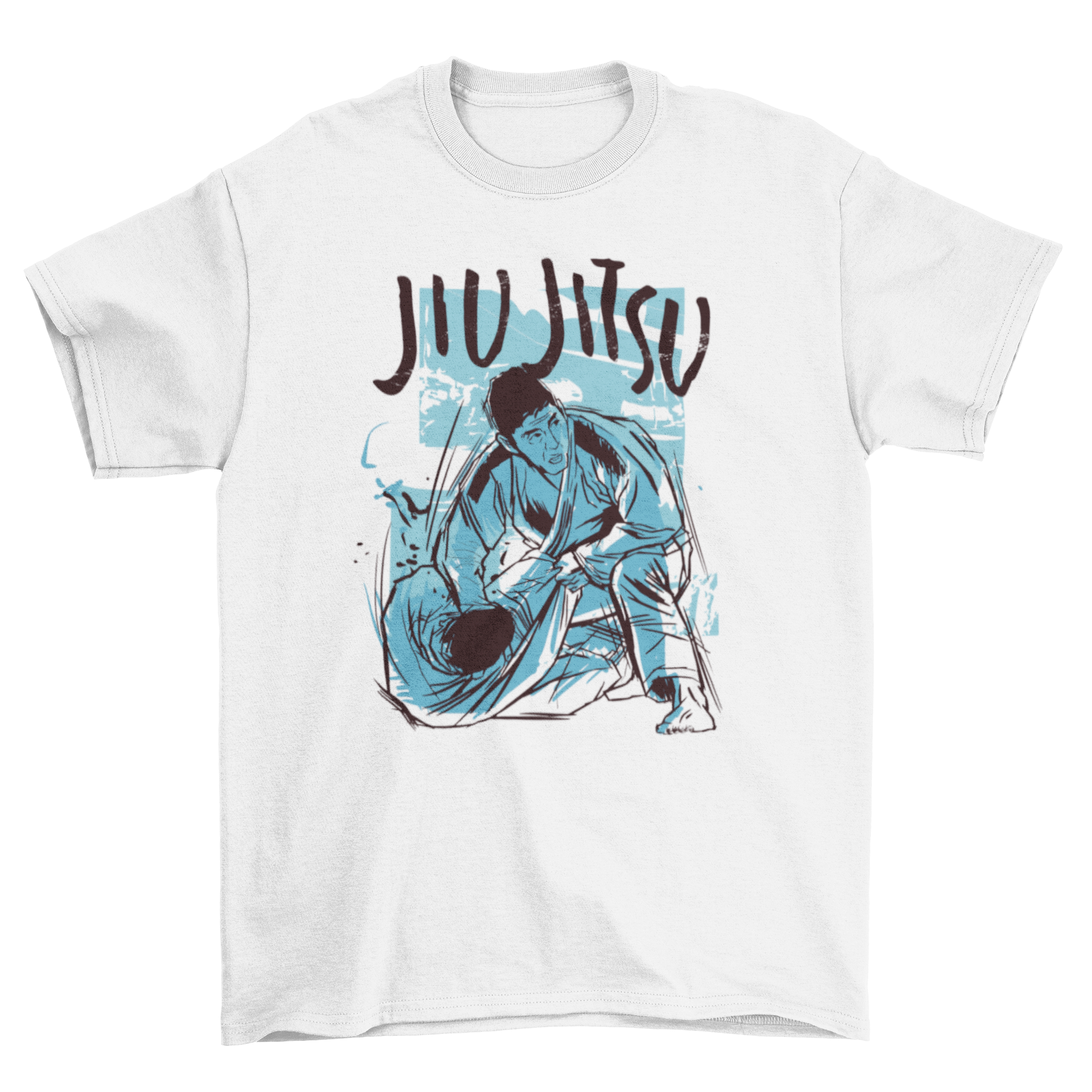 A stylish Jiu Jitsu sport t-shirt featuring an illustration of two martial artists practicing Jiu Jitsu, showcasing dynamic movement.