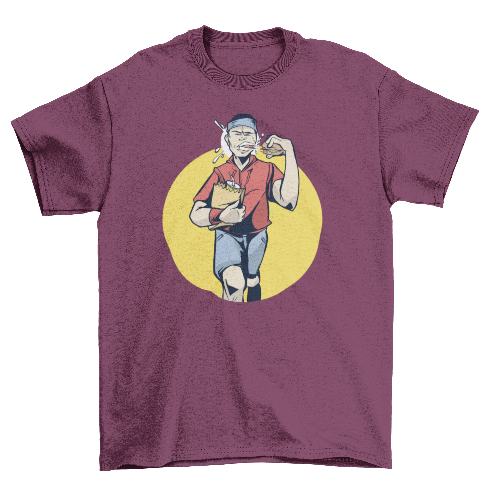 Illustration of a jogger holding a burger and paper bag, showcasing a fun blend of fitness and food.