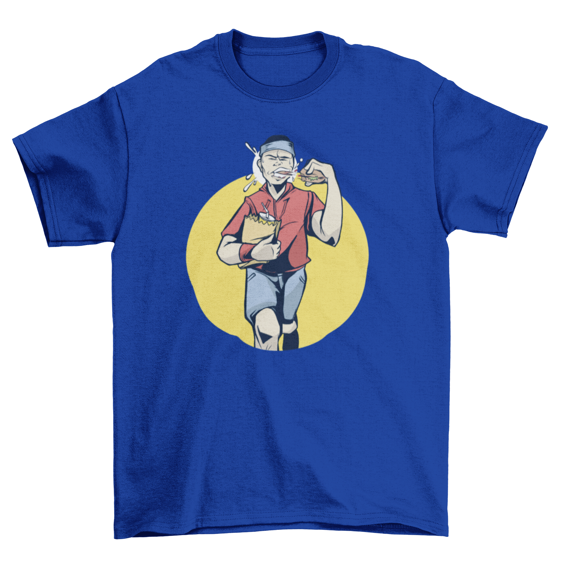 Illustration of a jogger holding a burger and paper bag, showcasing a fun blend of fitness and food.