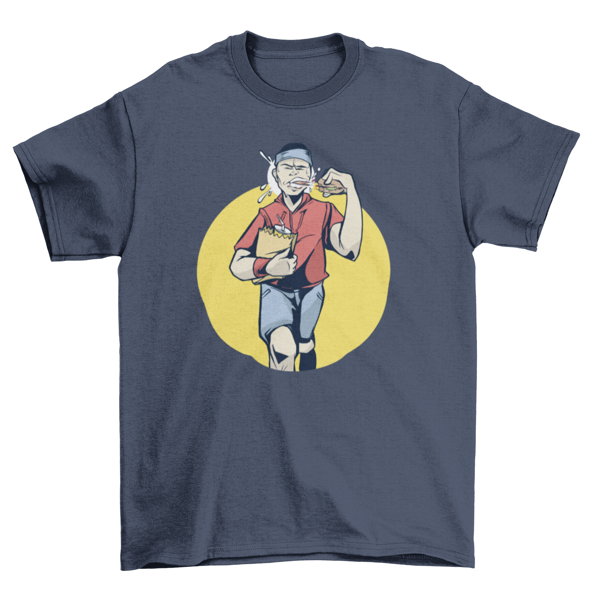 Illustration of a jogger holding a burger and paper bag, showcasing a fun blend of fitness and food.