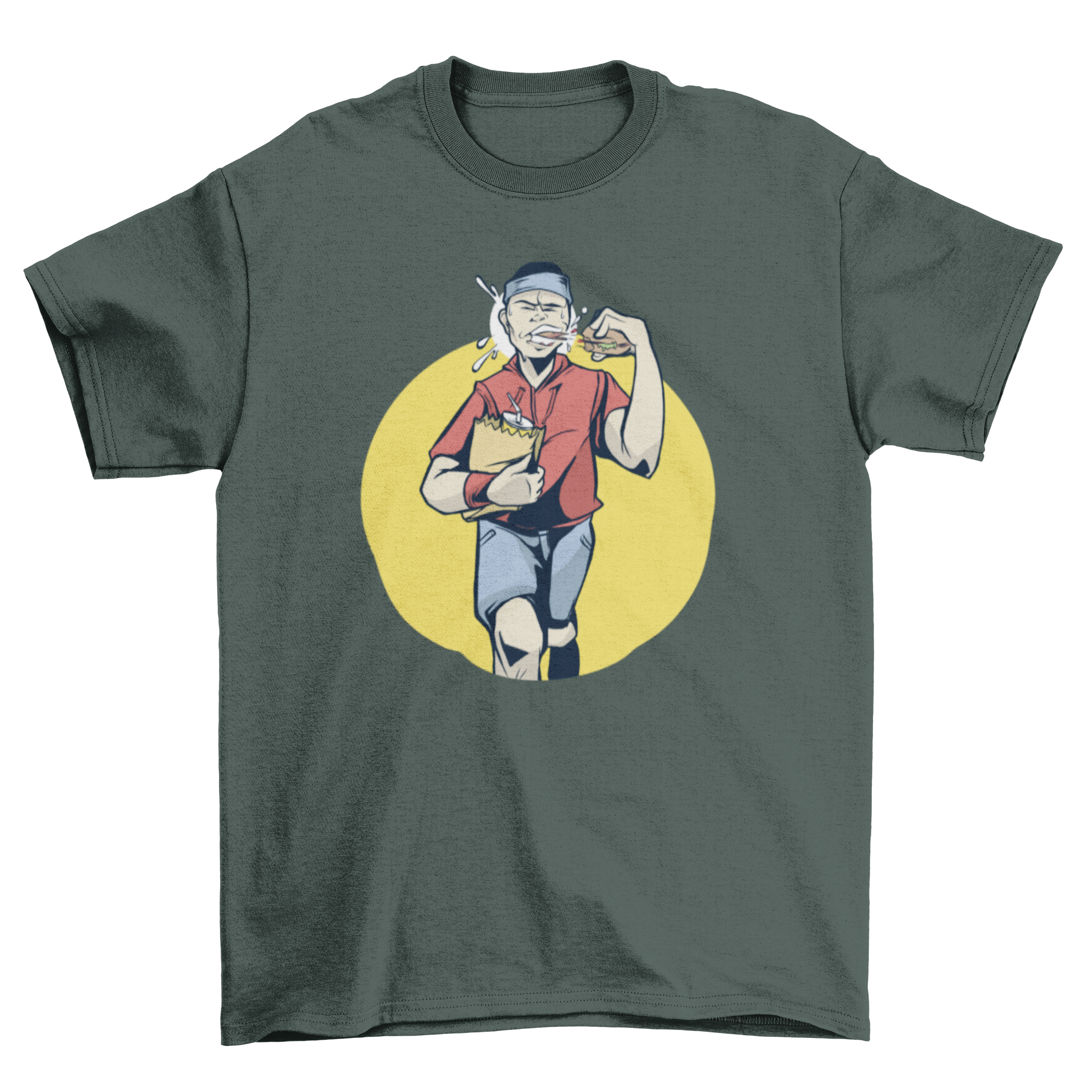 Illustration of a jogger holding a burger and paper bag, showcasing a fun blend of fitness and food.