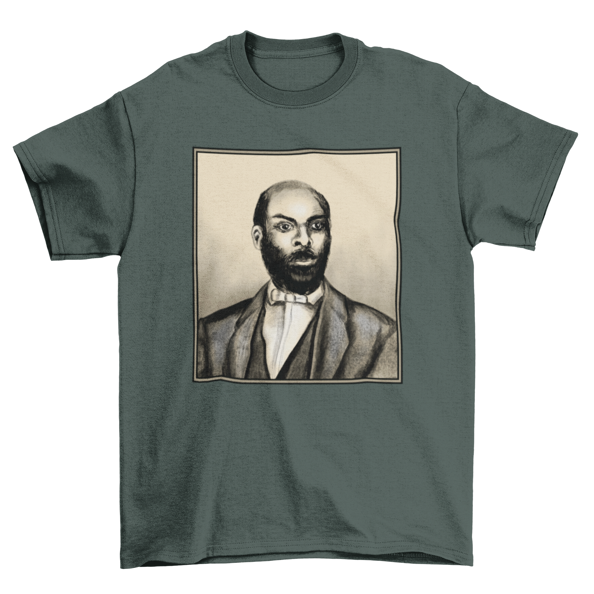 A stylish t-shirt featuring a detailed portrait of John Jasper, showcasing vibrant colors and artistic design.