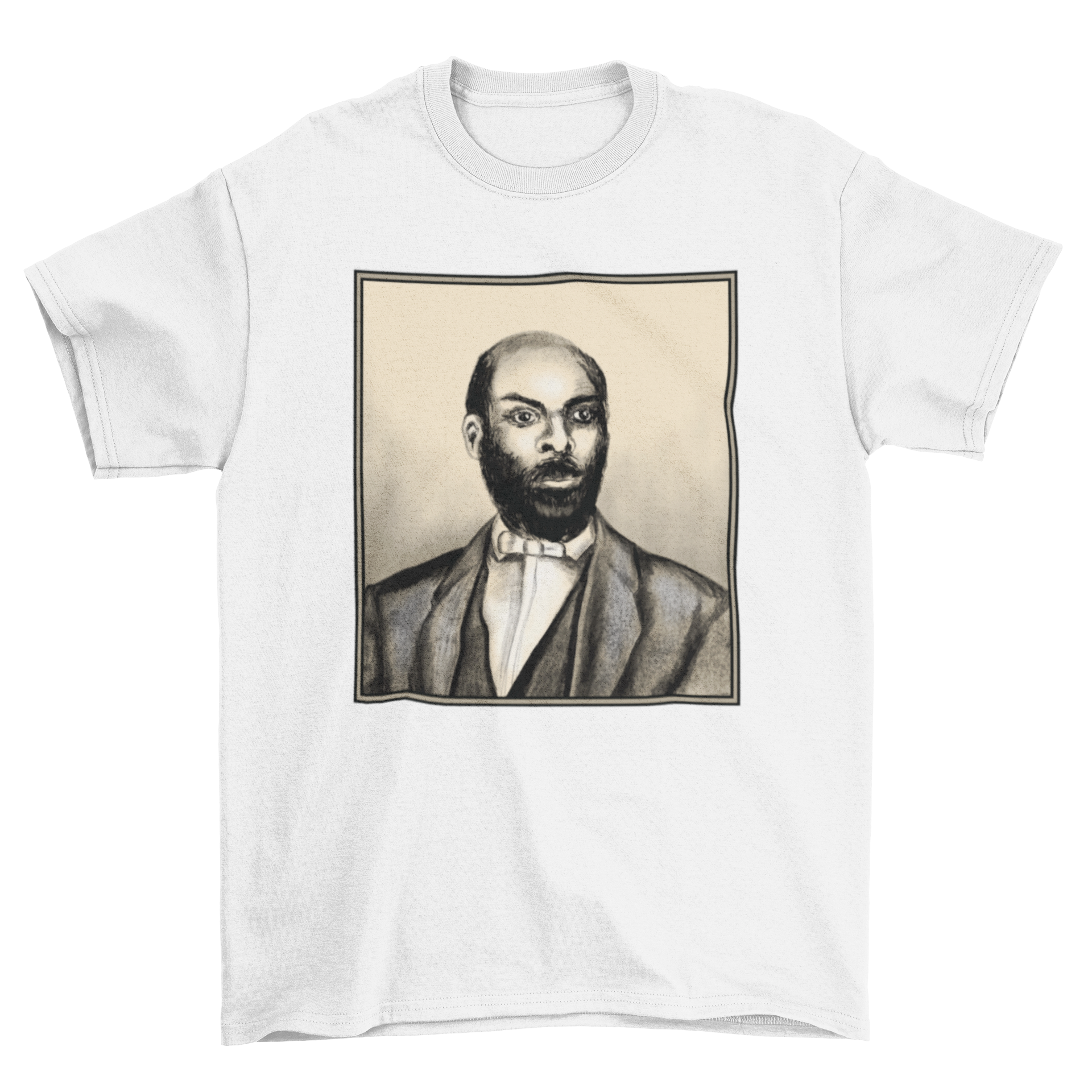 A stylish t-shirt featuring a detailed portrait of John Jasper, showcasing vibrant colors and artistic design.