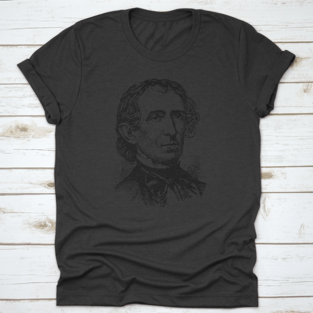 John Tyler Vintage Engraved Illustration T-shirt featuring a unique hand sketch design, made from 100% cotton for comfort.