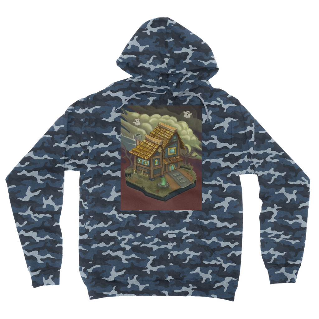 JohnsonKelly House Camouflage Adult Hoodie featuring a classic camo print, kangaroo pouch pocket, and double fabric hood.