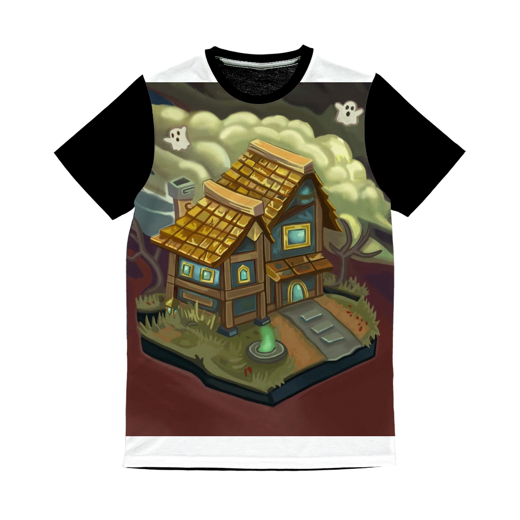 JohnsonKelly House Classic Sublimation Panel T-Shirt featuring a vibrant front design and a plain black back, ideal for sublimation printing.