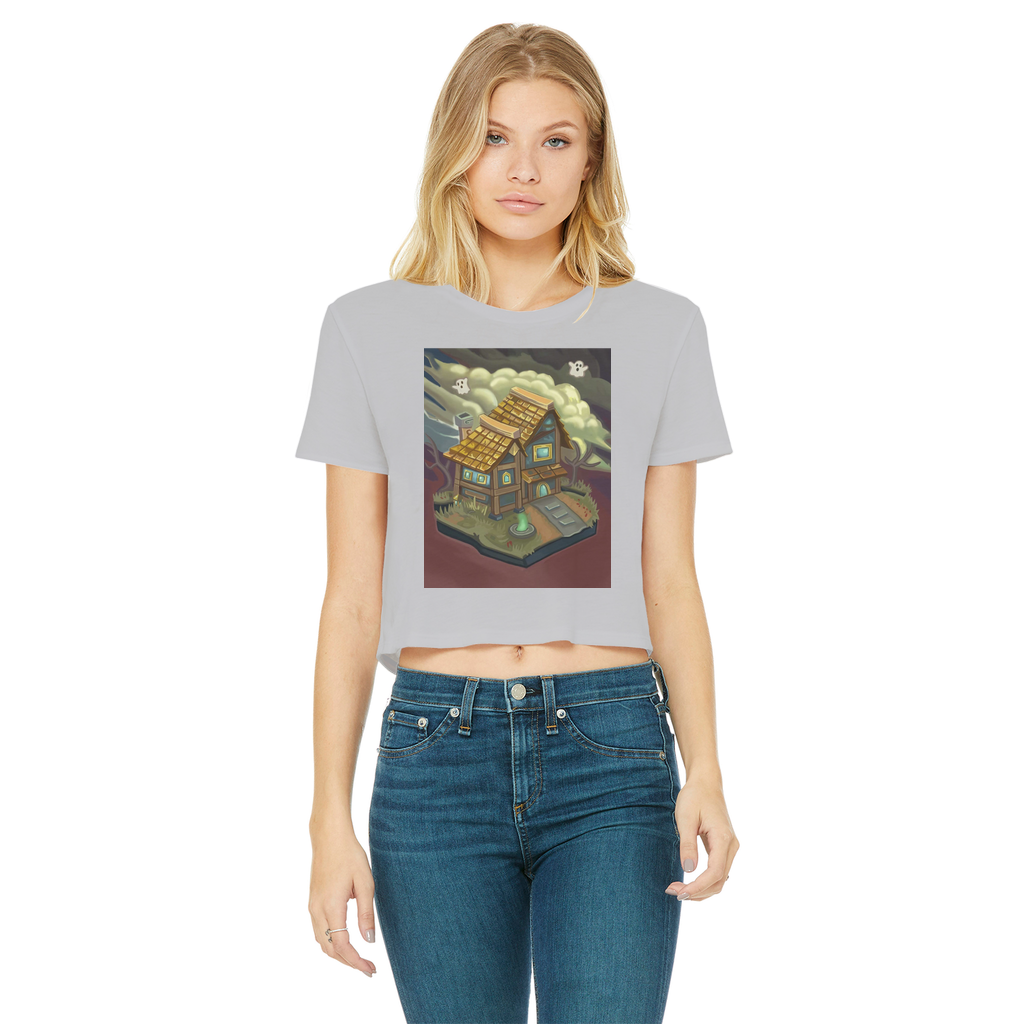 JohnsonKelly Classic Women's Cropped Raw Edge T-Shirt in various colors, showcasing its round neck and raw edge hem.