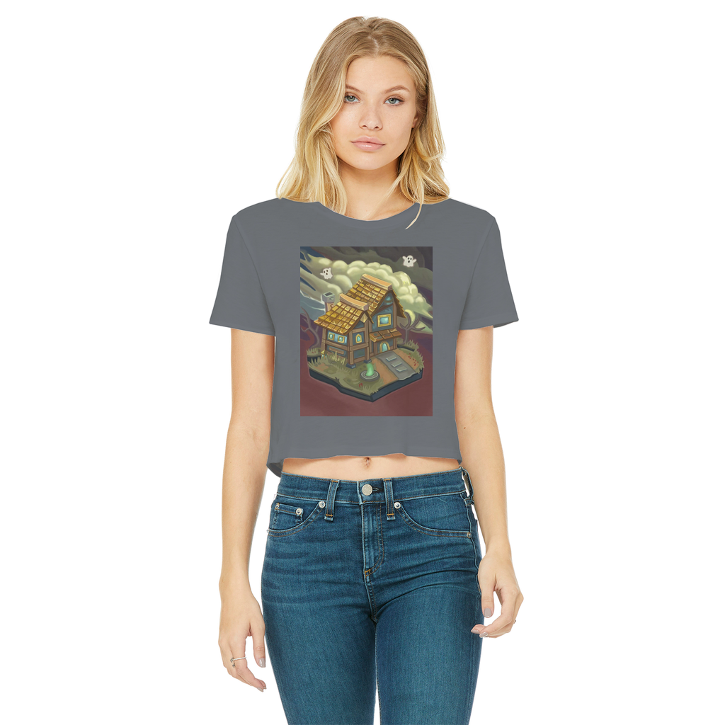 JohnsonKelly Classic Women's Cropped Raw Edge T-Shirt in various colors, showcasing its round neck and raw edge hem.