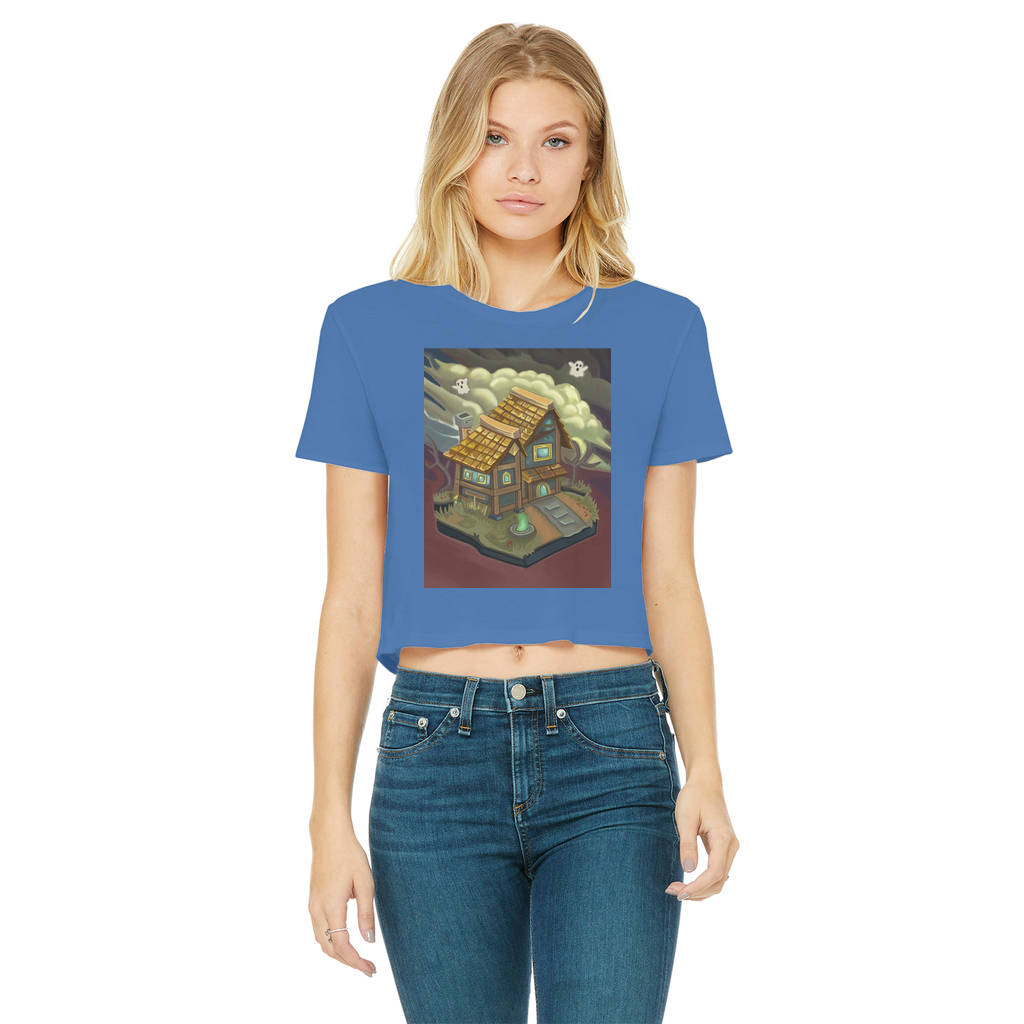 JohnsonKelly Classic Women's Cropped Raw Edge T-Shirt in various colors, showcasing its round neck and raw edge hem.