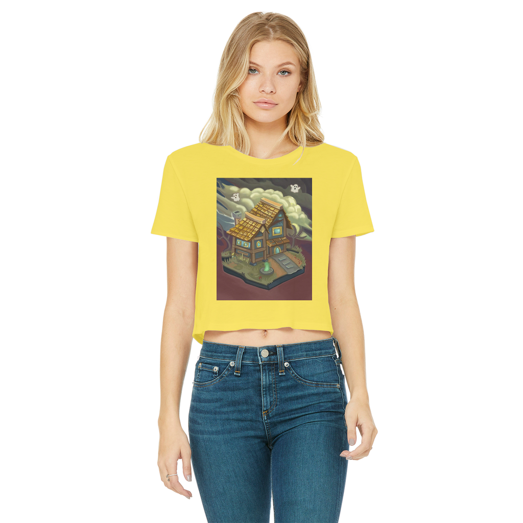 JohnsonKelly Classic Women's Cropped Raw Edge T-Shirt in various colors, showcasing its round neck and raw edge hem.