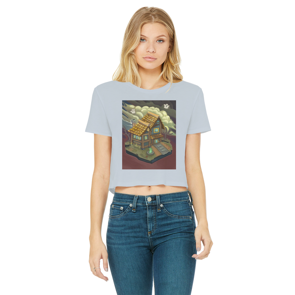 JohnsonKelly Classic Women's Cropped Raw Edge T-Shirt in various colors, showcasing its round neck and raw edge hem.
