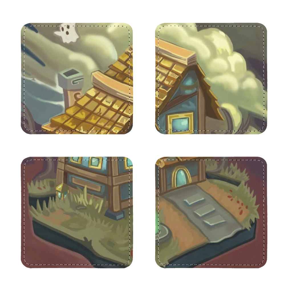 Pack of four JohnsonKelly House sublimation coasters made of PU leather, featuring a white printable face and elegant white stitching.