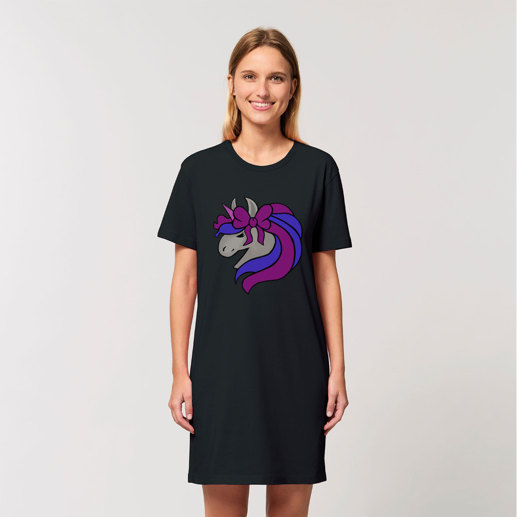 A stylish women's organic t-shirt dress featuring a whimsical unicorn head design, made from 100% organic cotton in a soft and comfortable fit.