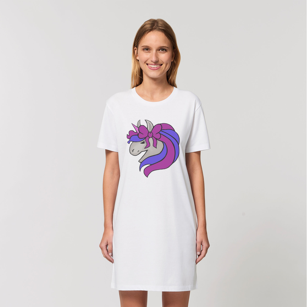 A stylish women's organic t-shirt dress featuring a whimsical unicorn head design, made from 100% organic cotton in a soft and comfortable fit.