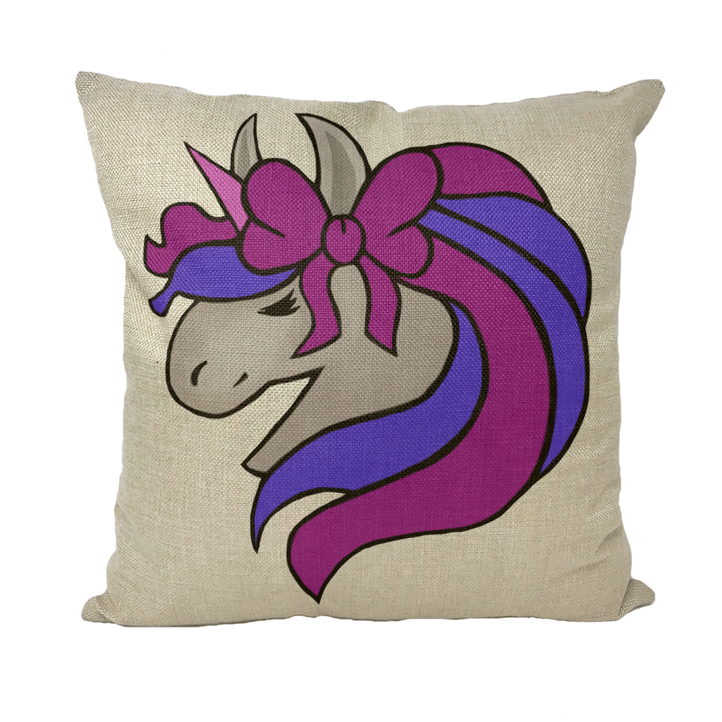JohnsonKelly UnicornHead2 Throw Pillows featuring a vibrant unicorn design on a soft cushion cover, available in multiple styles.