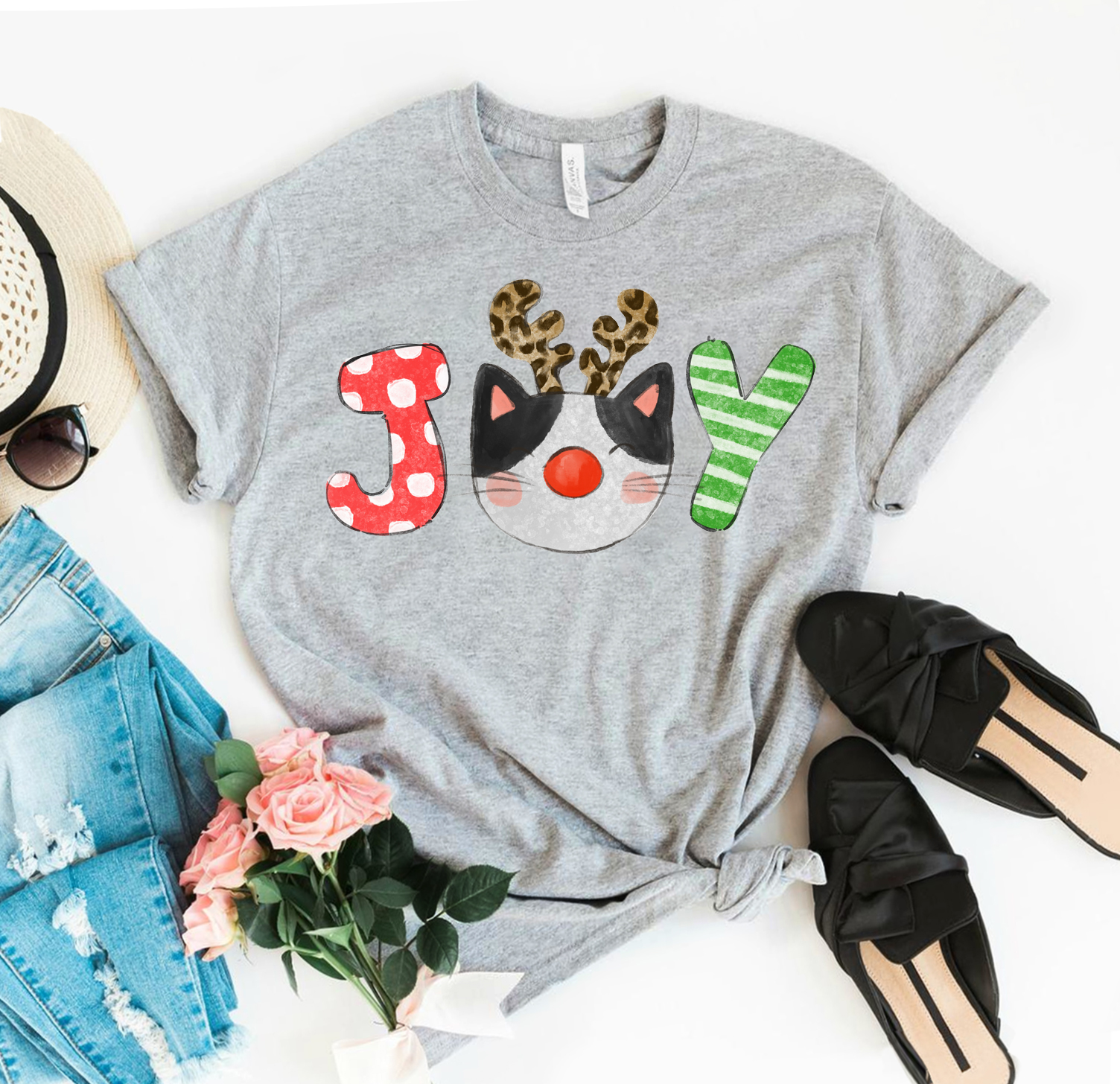 Joy Christmas T-shirt made of premium ring spun cotton with festive design and soft textile flex print.