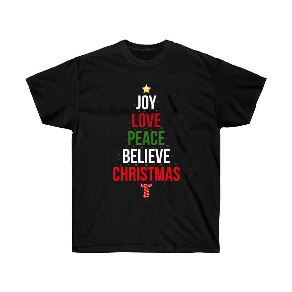Joy Love Peace Believe Christmas T-shirt made of soft cotton with a festive design, perfect for holiday celebrations.