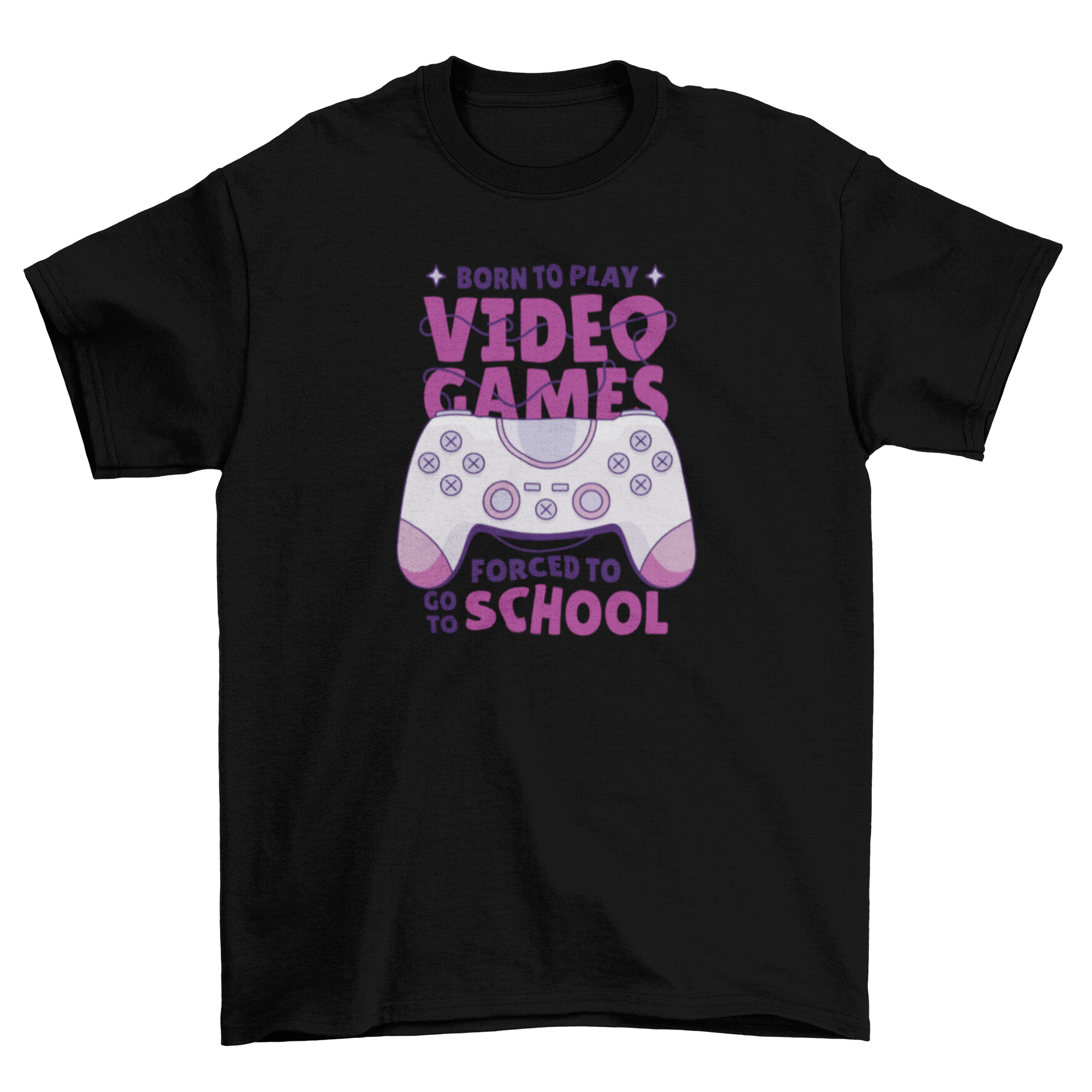 A stylish t-shirt featuring a joystick graphic and the quote 'Born to play videogames, forced to go to school'.