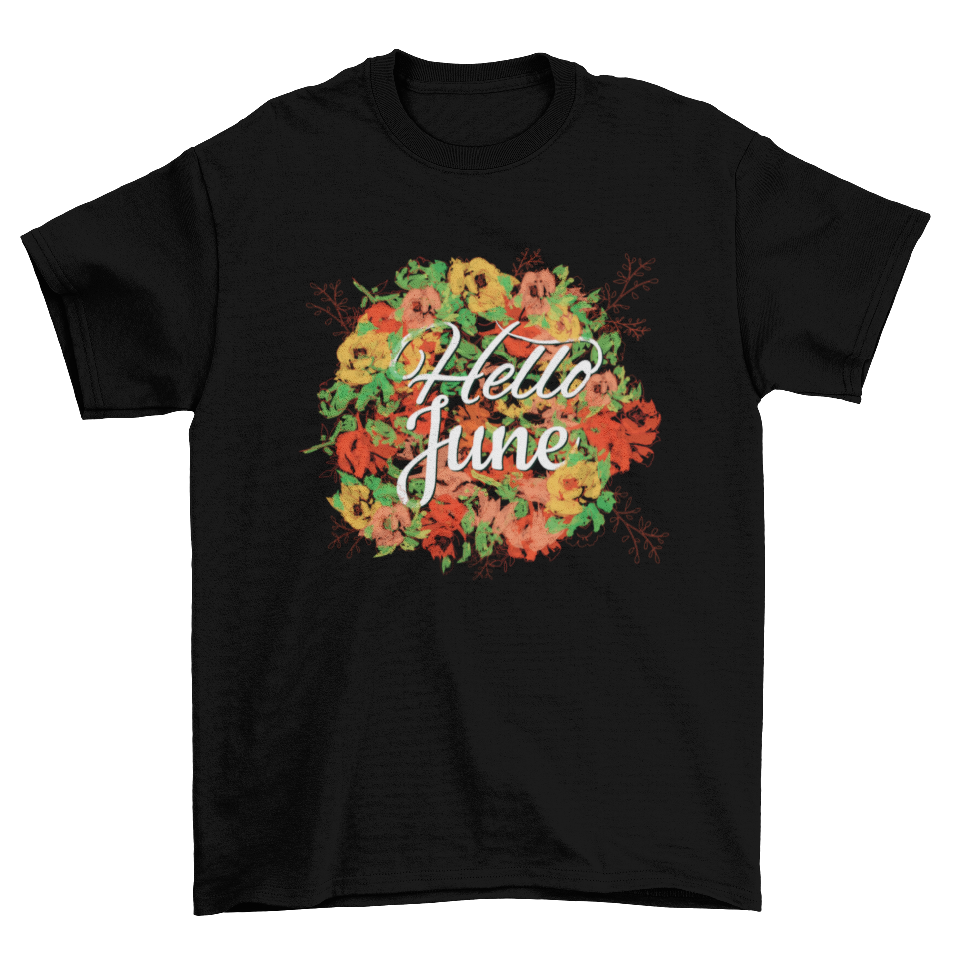 Stylish t-shirt featuring 'Hello June' typography surrounded by colorful flowers.