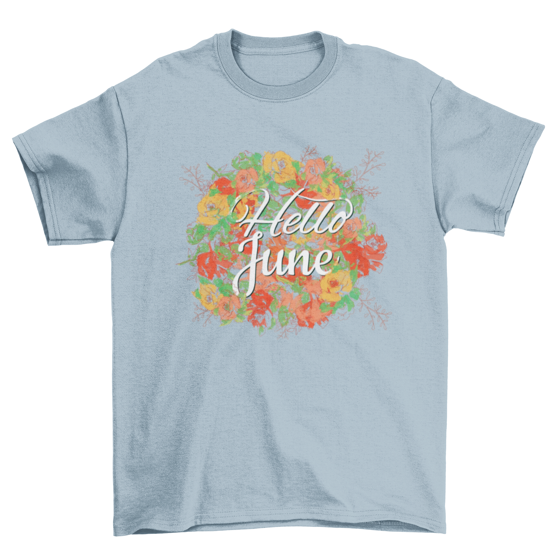 Stylish t-shirt featuring 'Hello June' typography surrounded by colorful flowers.