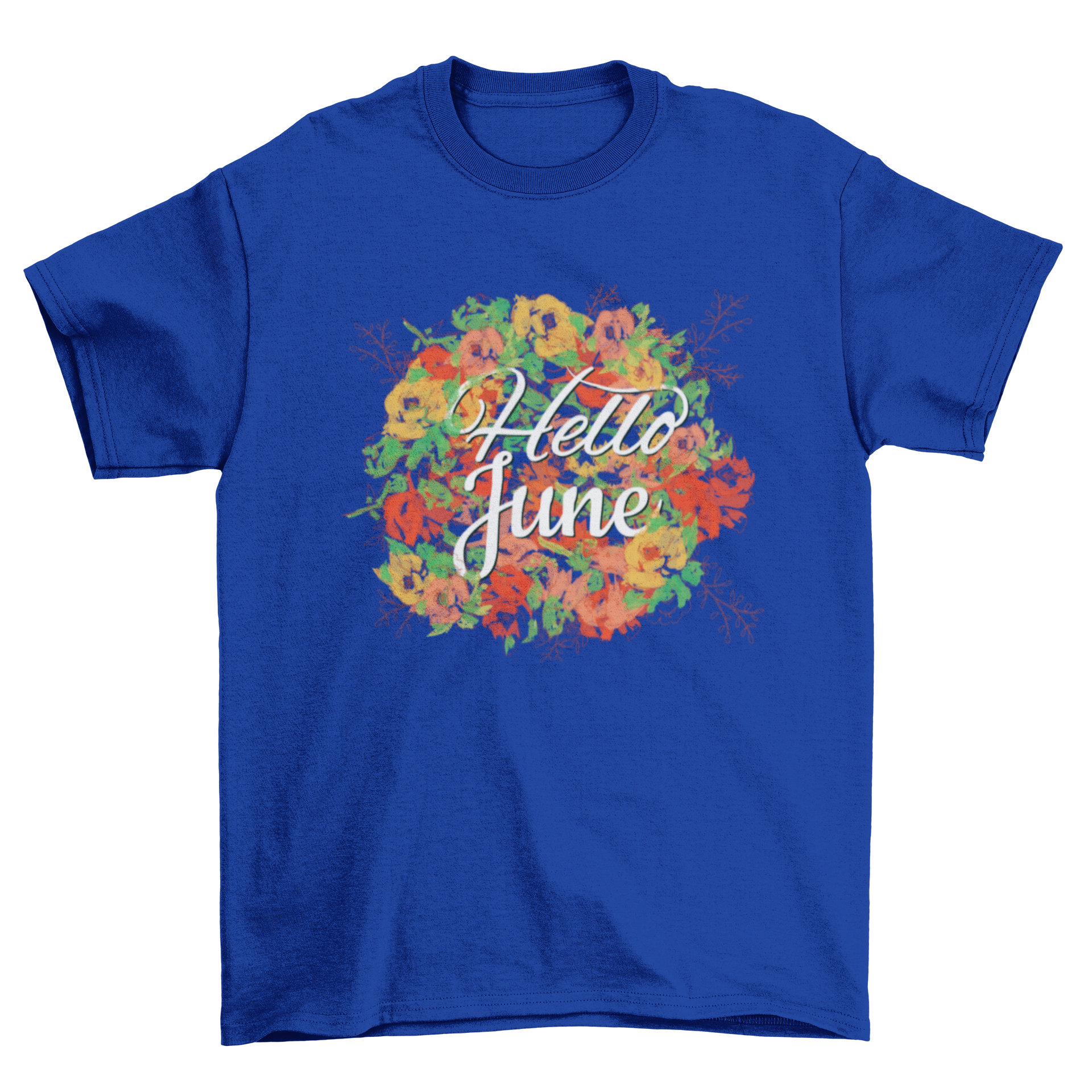 Stylish t-shirt featuring 'Hello June' typography surrounded by colorful flowers.