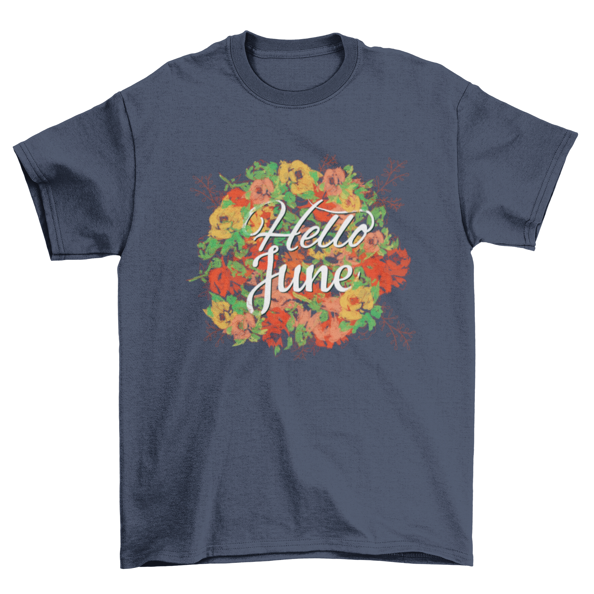 Stylish t-shirt featuring 'Hello June' typography surrounded by colorful flowers.
