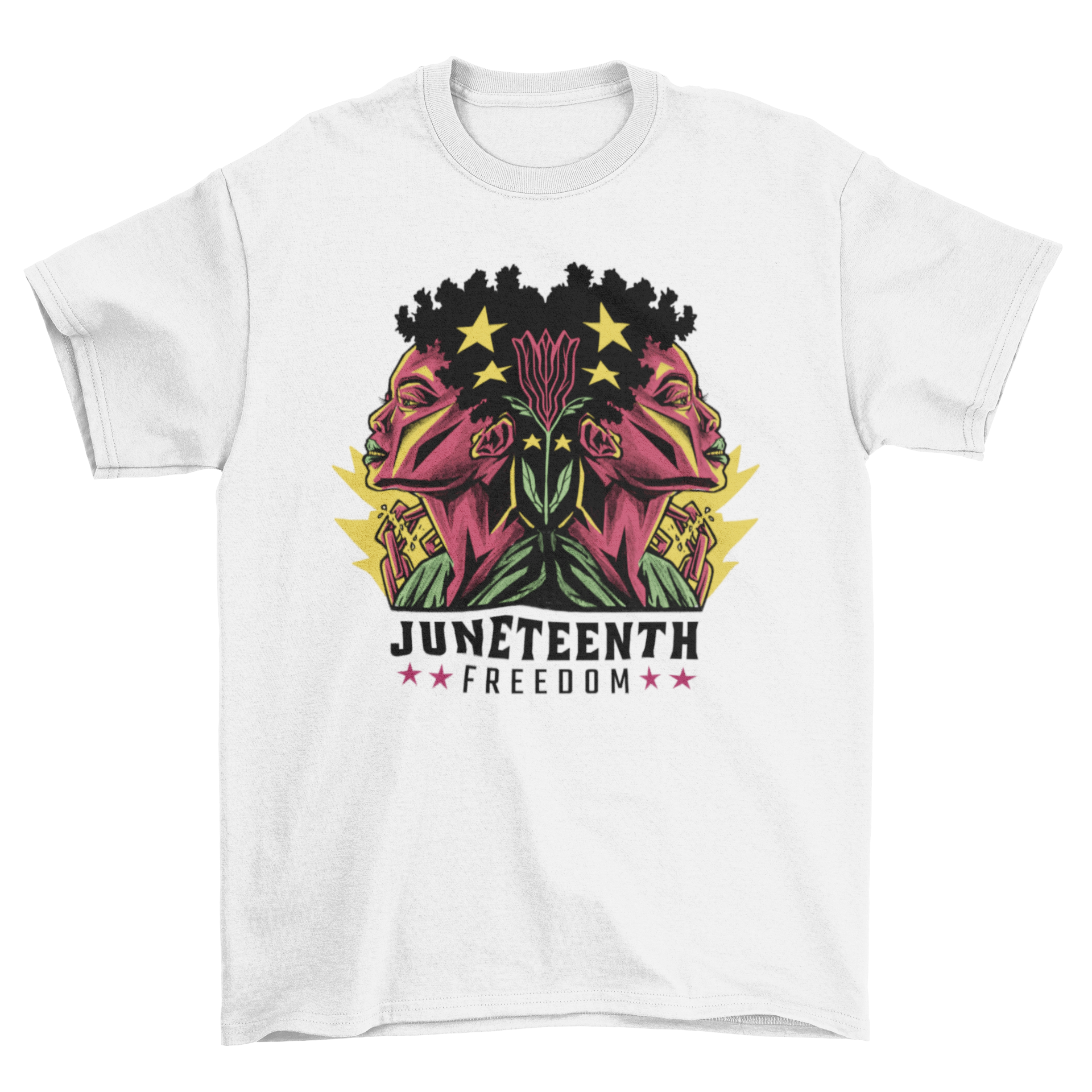 Juneteenth woman freedom t-shirt featuring a black woman illustration and the quote 'Juneteenth freedom'.
