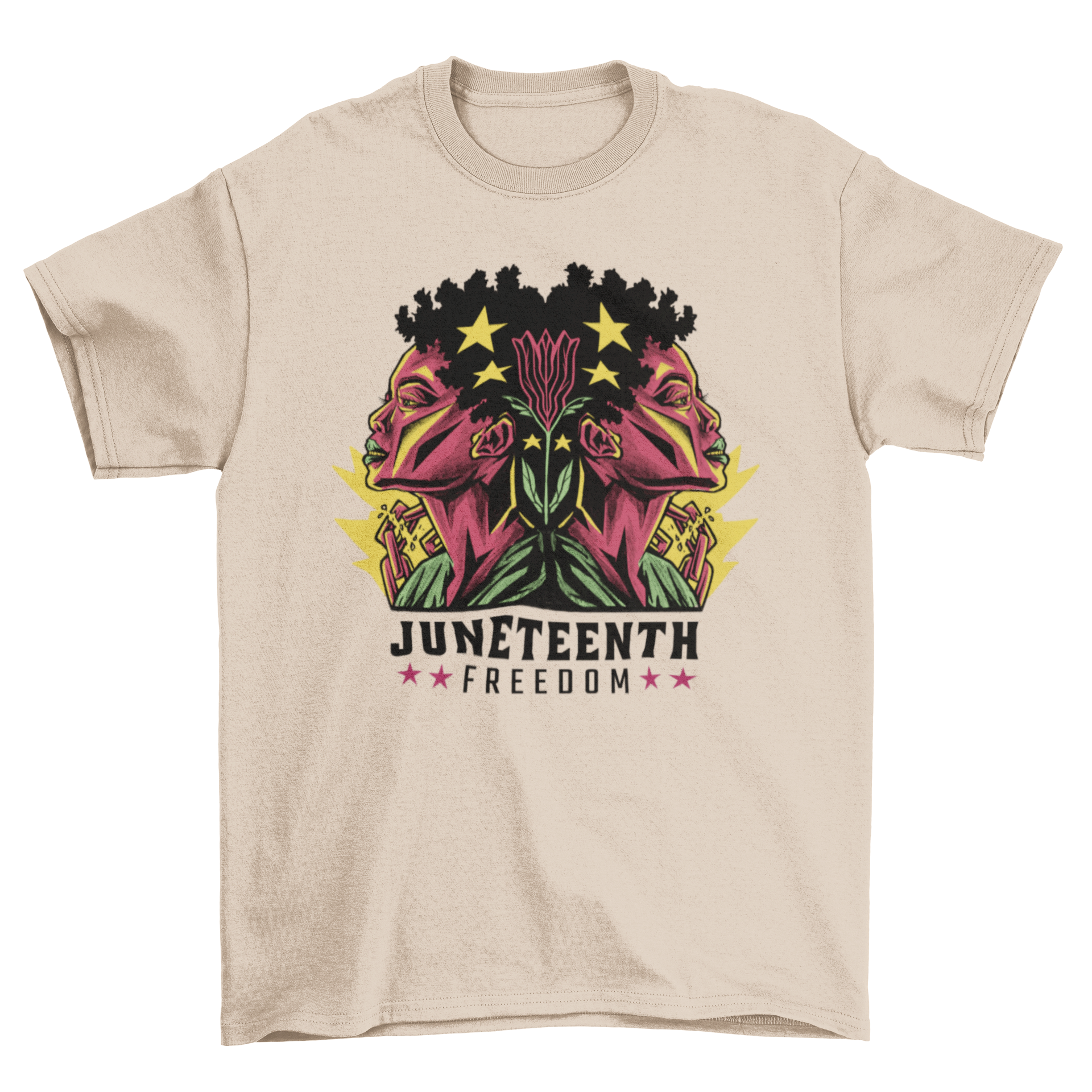 Juneteenth woman freedom t-shirt featuring a black woman illustration and the quote 'Juneteenth freedom'.