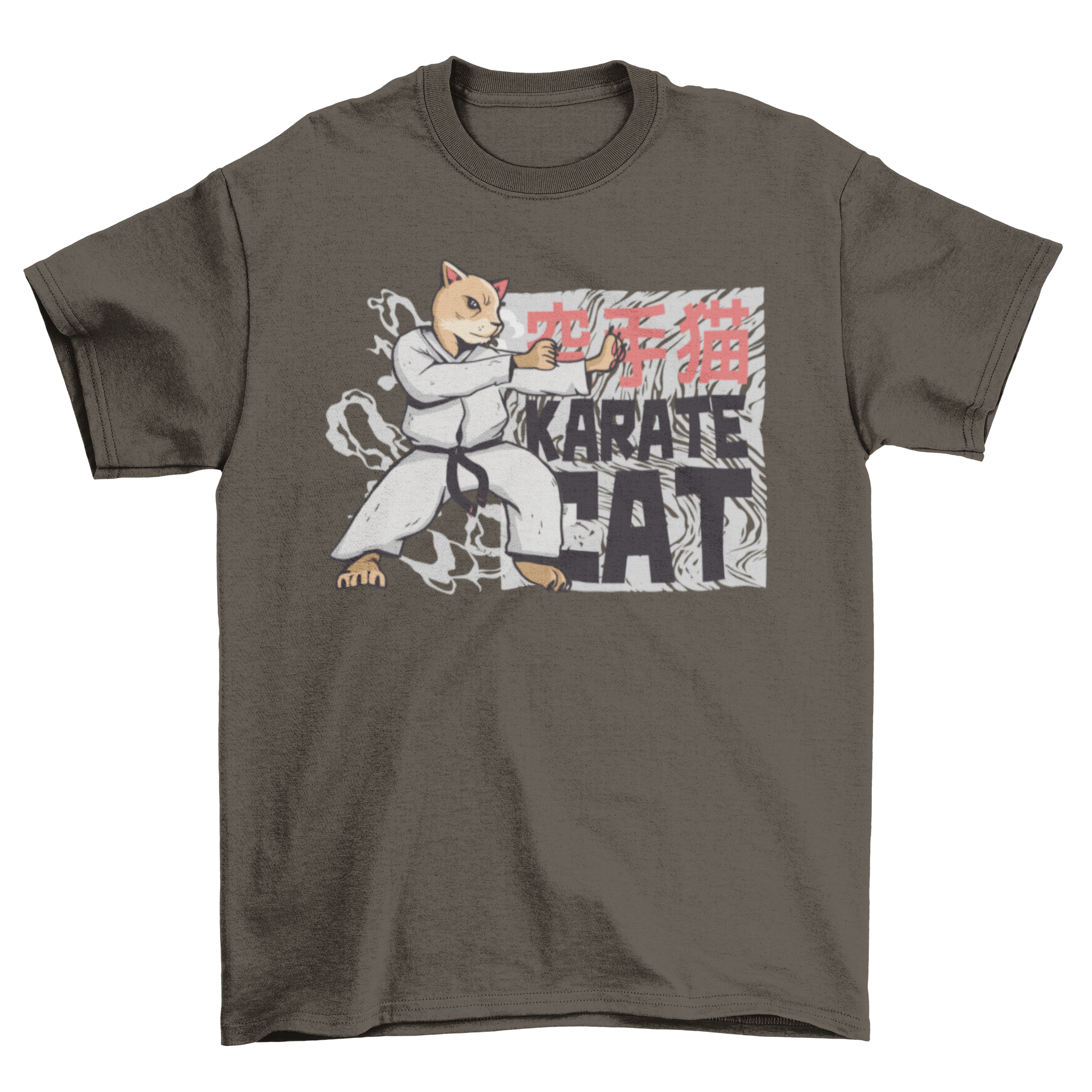 A humorous t-shirt featuring a cat performing karate with the caption 'karate cat', showcasing a playful design.