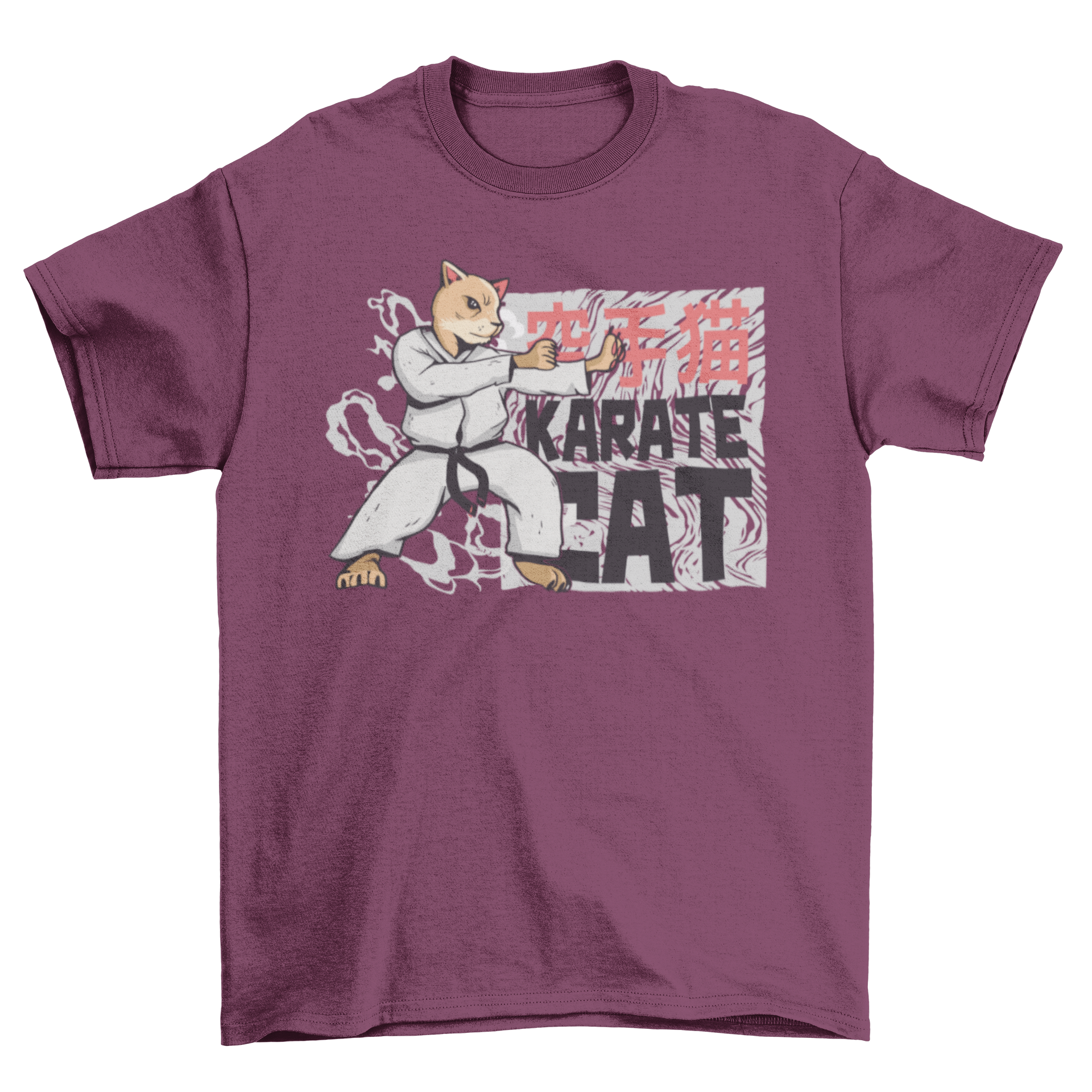 A humorous t-shirt featuring a cat performing karate with the caption 'karate cat', showcasing a playful design.