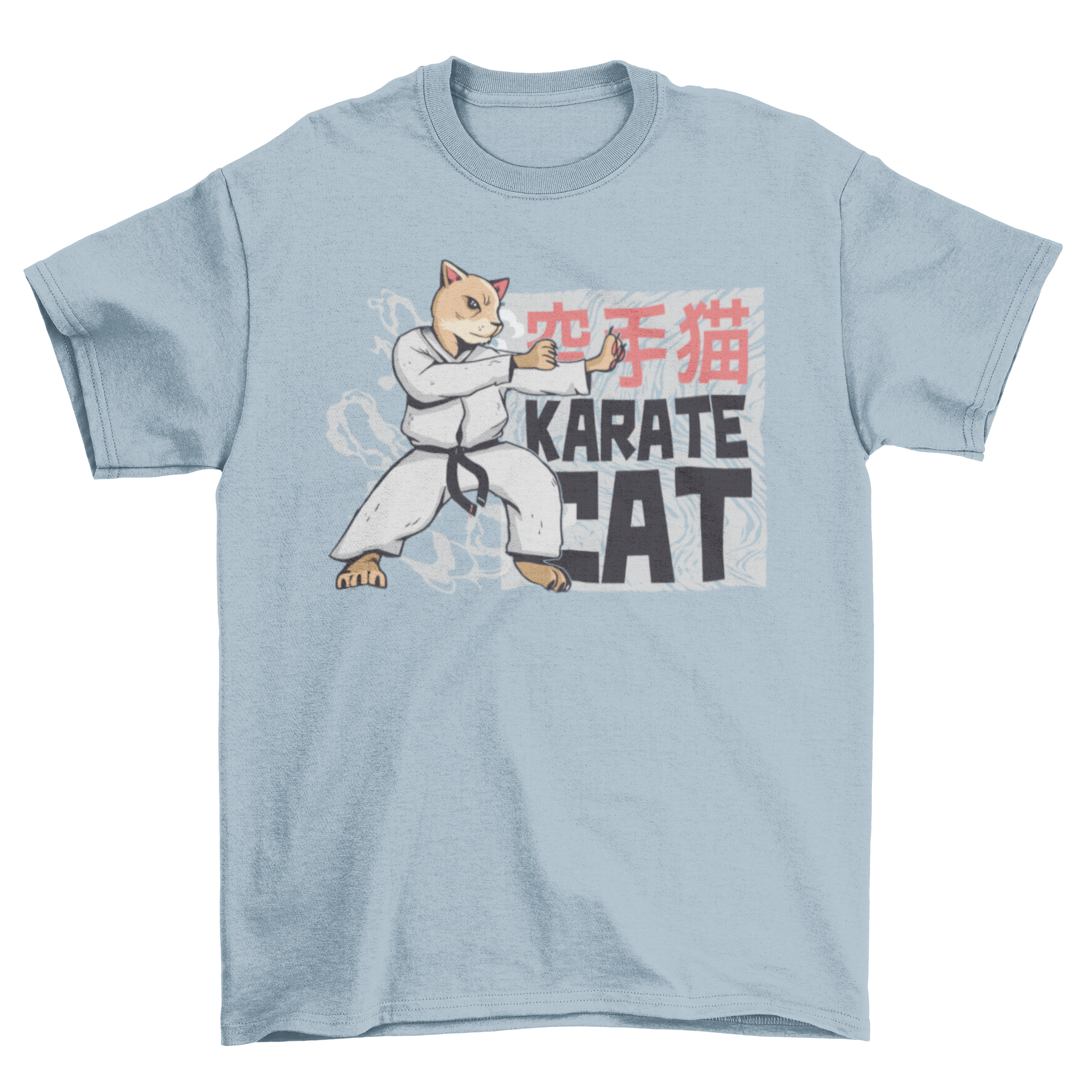 A humorous t-shirt featuring a cat performing karate with the caption 'karate cat', showcasing a playful design.