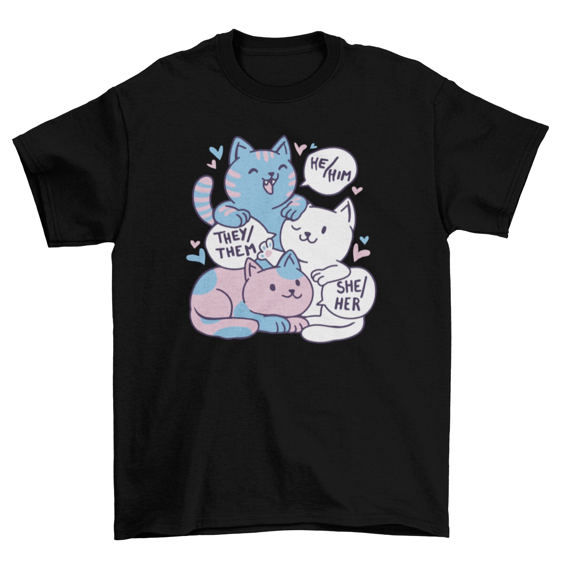 Kawaii cat animals LGBT t-shirt featuring three cats with pronouns He/Him, She/Her, and They/Them in a colorful design.